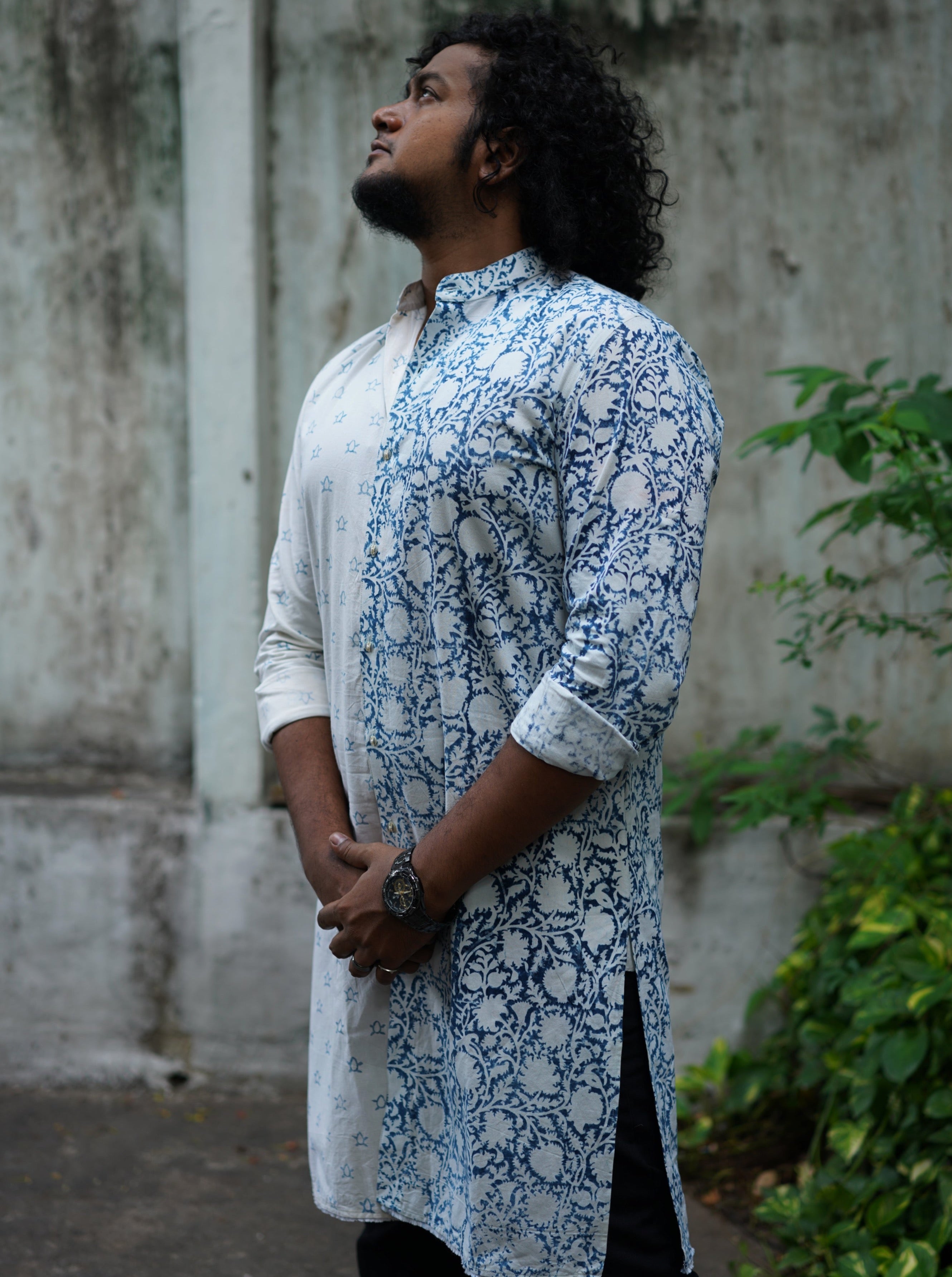 Men's Cotton Kurta featuring indigo turtle print on one side and Indigo floral print on the other.
