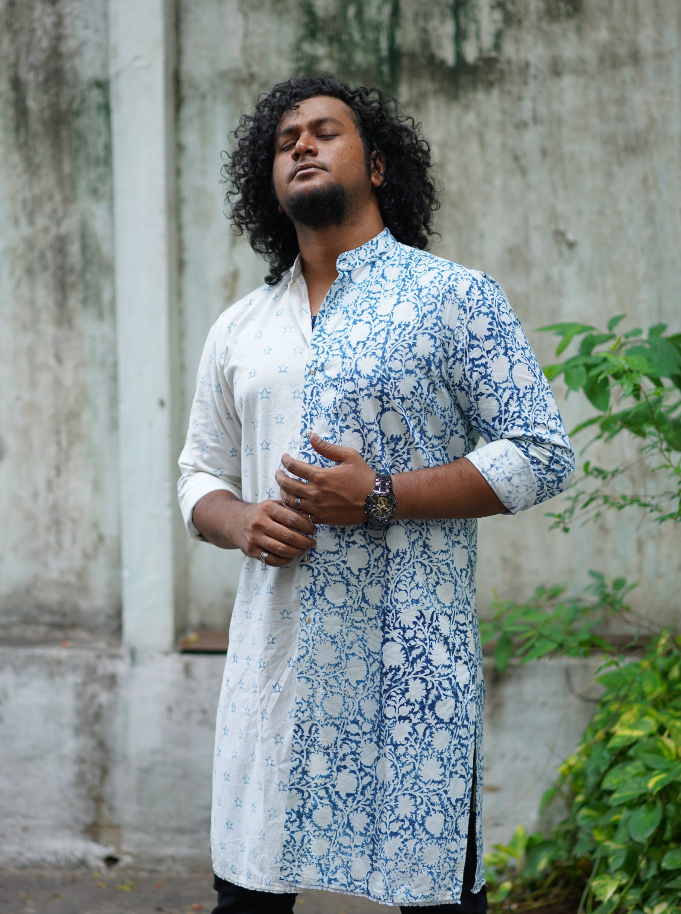Men's Cotton Kurta featuring indigo turtle print on one side and Indigo floral print on the other.