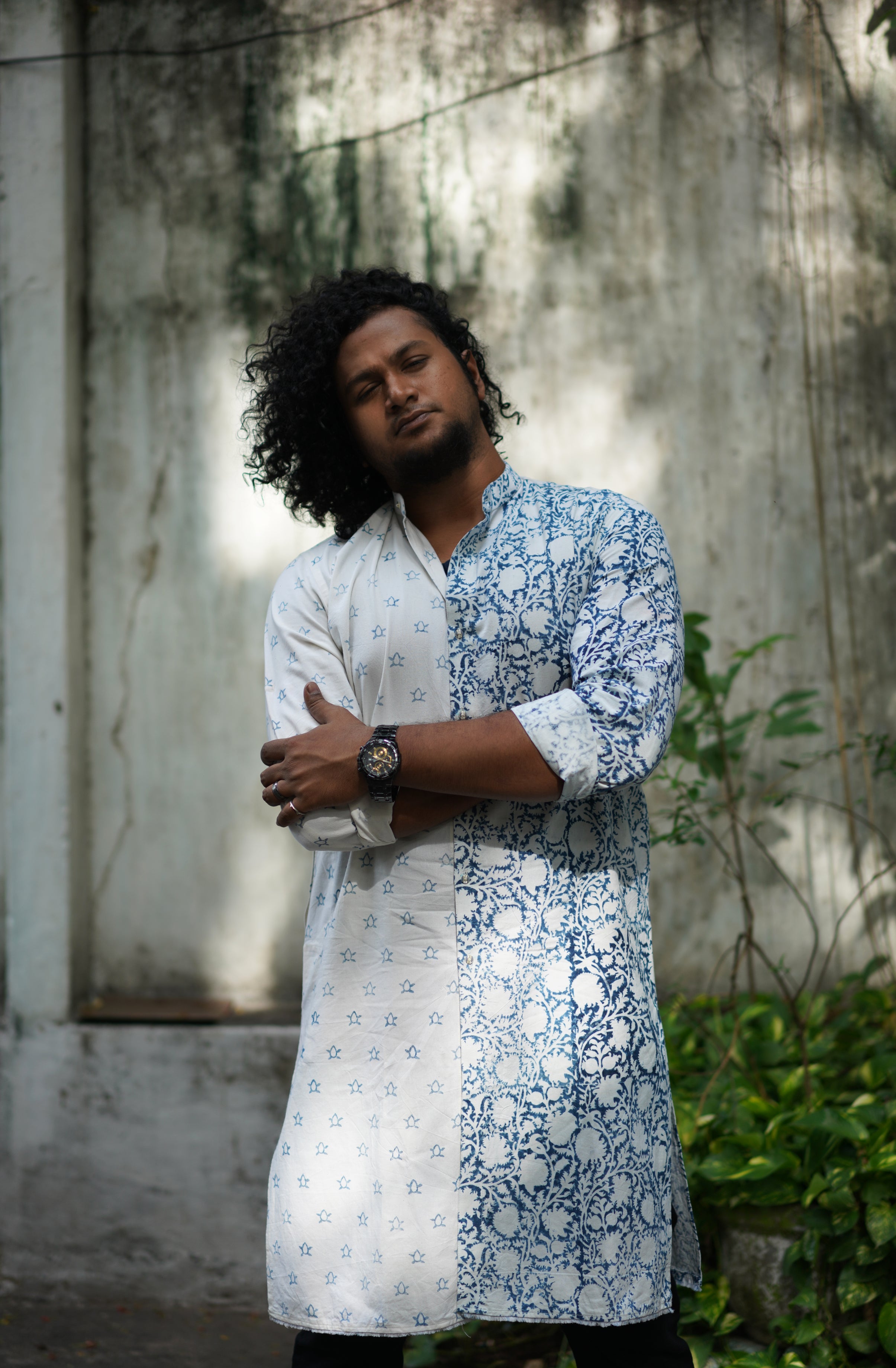 Men's Cotton Kurta featuring indigo turtle print on one side and Indigo floral print on the other.