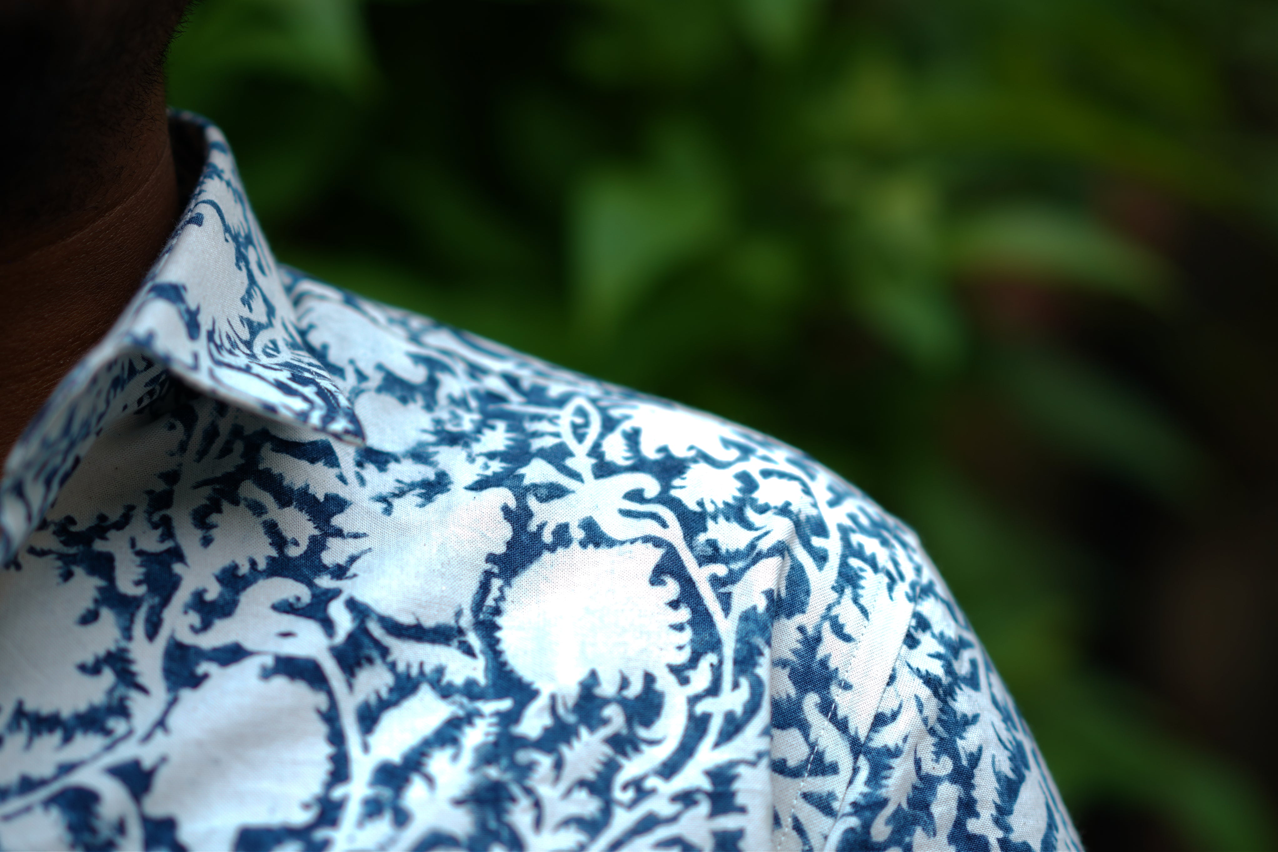 Men's Cotton Kurta featuring indigo turtle print on one side and Indigo floral print on the other.