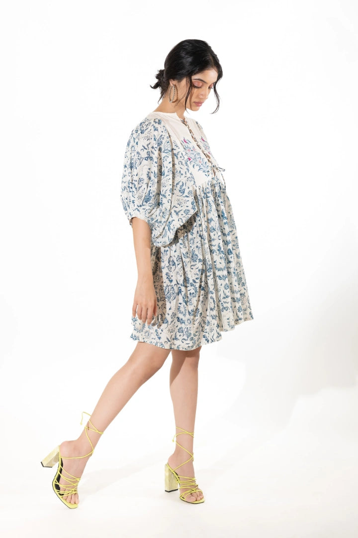 Ilamra hand block printed organic cotton naturally dyed Indigo and off-white knee-length dress