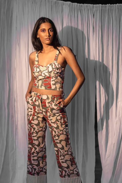 Ilamra kalamkari craft hand block printed organic cotton pink and green pants