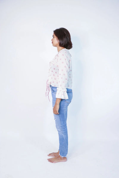Ilamra sustainable clothing organic cotton ﻿Off-White and Blush Pink hand block printed sexy ruffle top