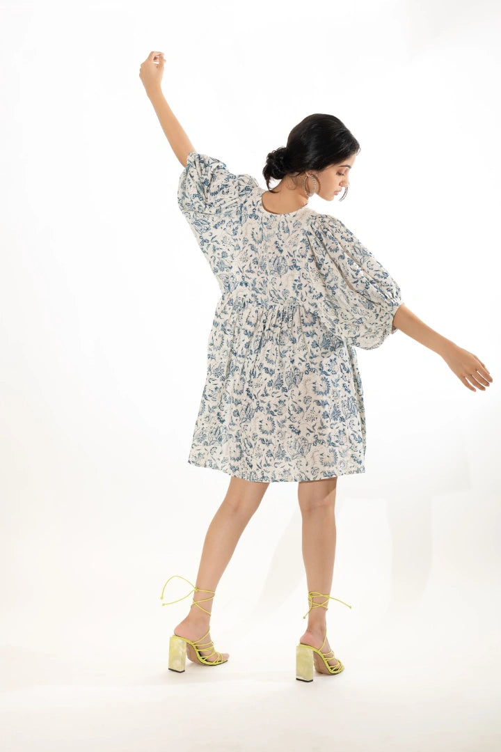 Ilamra hand block printed organic cotton naturally dyed Indigo and off-white knee-length dress