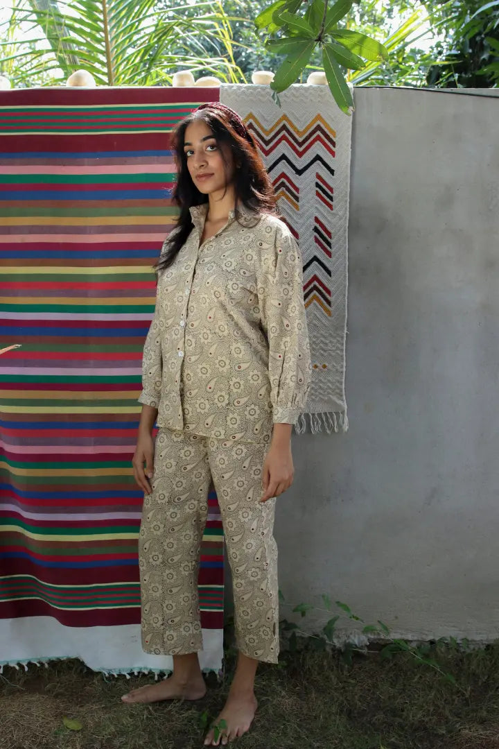 Ilamra hand block printed sustainably made naturally dyed off white and grey shirt and pants set