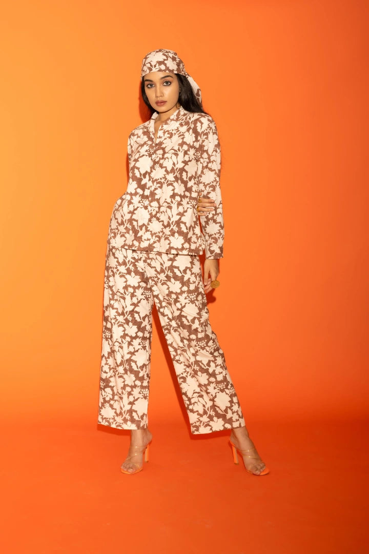 ilamra hand block printed naturally dyed organic cotton brown and off-white shirt and pants set