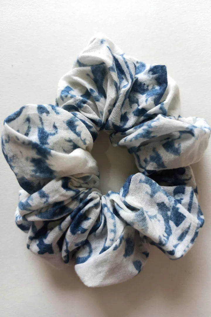 ilamra hand block printed naturally dyed organic cotton Off-white and indigo upcycled cotton chic scrunchie