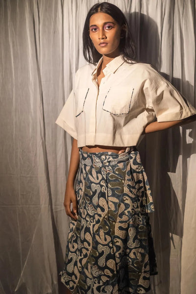 Ilamra kalamkari craft hand block printed organic cotton blue and green skirt