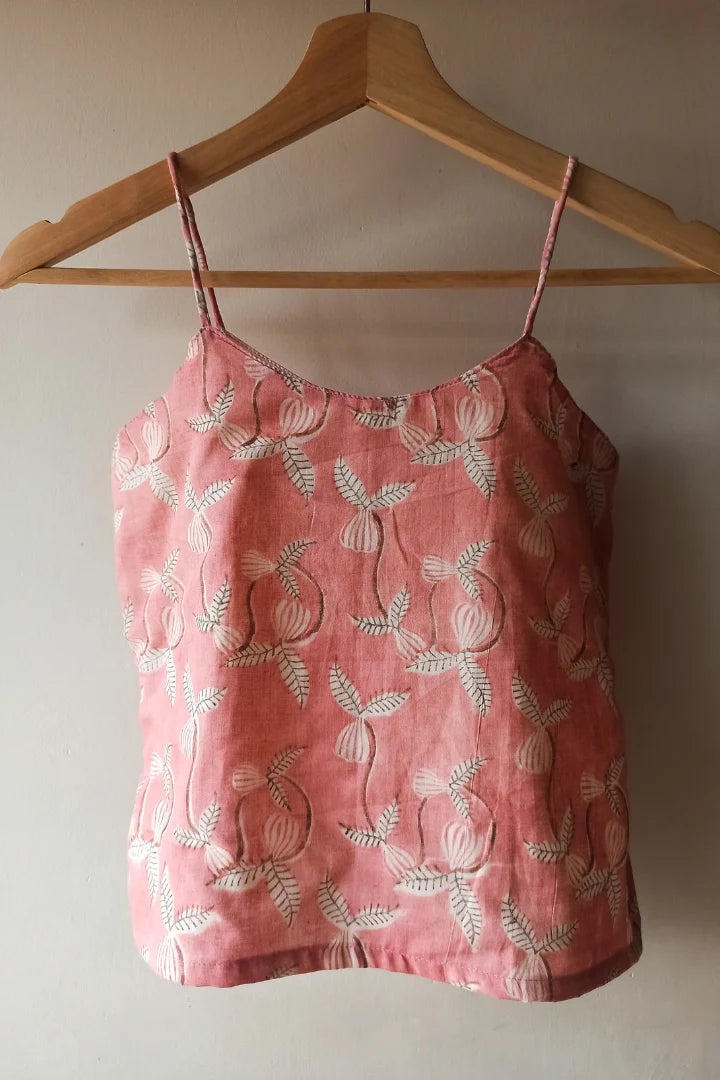 Ilamra sustainable clothing organic cotton Coral Pink with blush pink, beige and black detailing hand block printed tent top