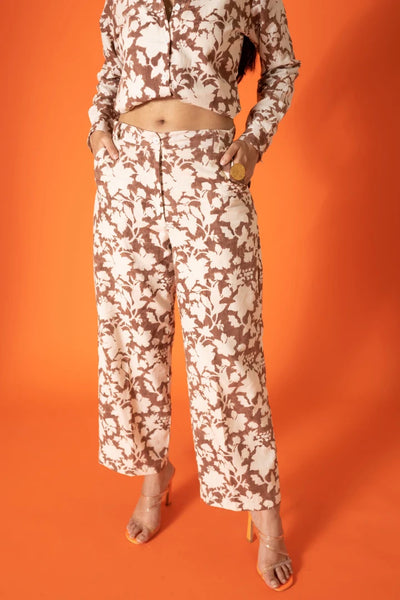 ilamra hand block printed naturally dyed organic cotton brown and off-white pants