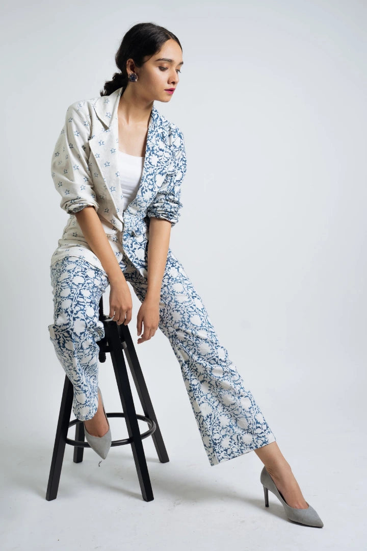 Ilamra hand block printed organic cotton naturally dyed indigo and off-white powerful blazer and pants suit