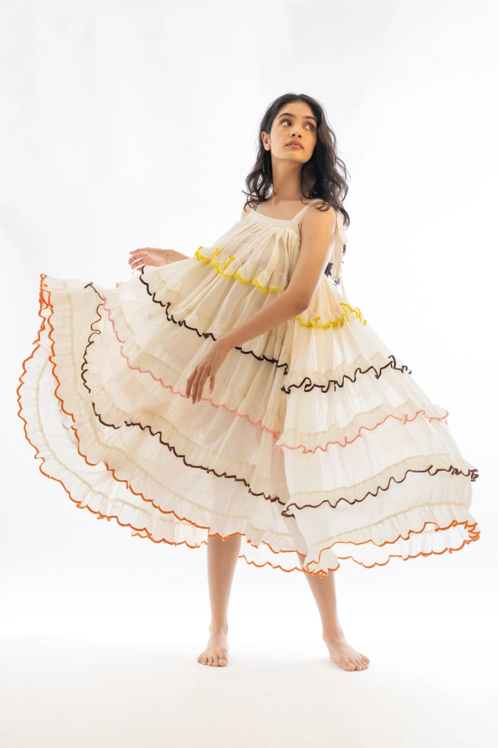 Ilamra kalamkari craft hand block printed organic cotton off-white free size flowy dress