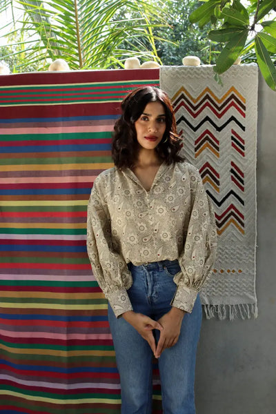 Ilamra hand block printed sustainably made naturally dyed off white and grey top