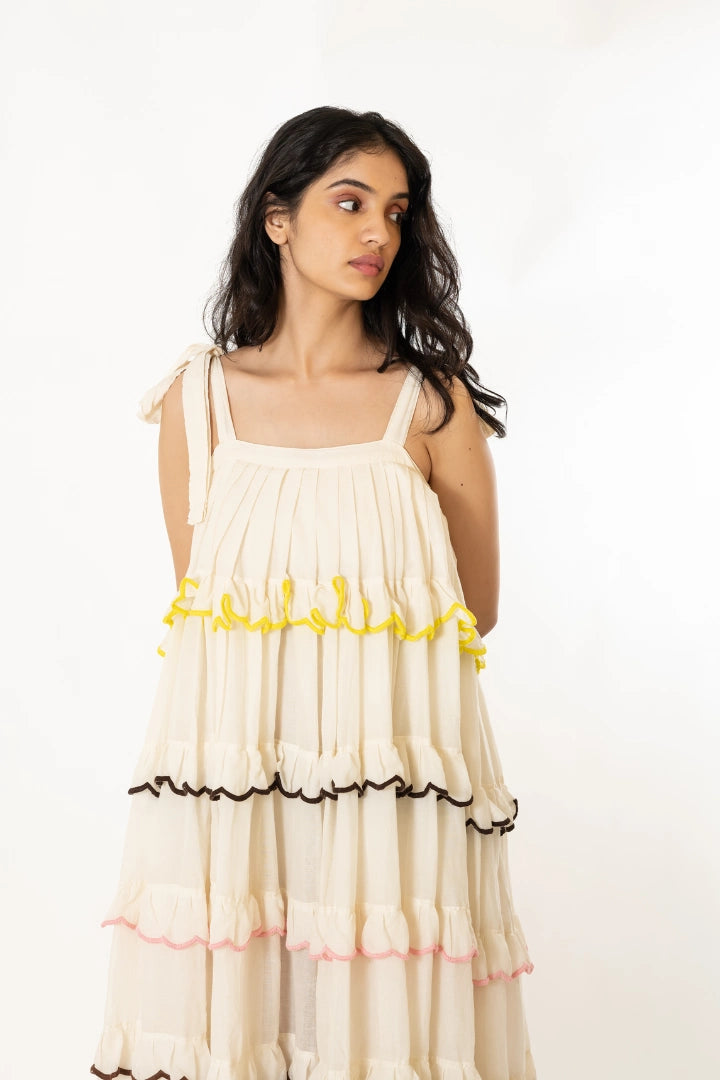 Ilamra kalamkari craft hand block printed organic cotton off-white free size flowy dress