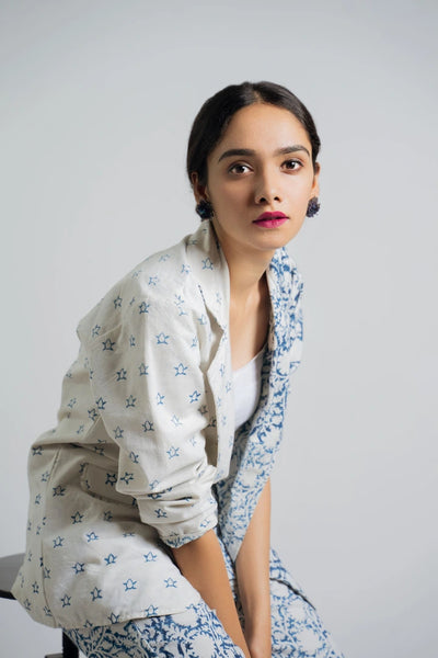 Ilamra hand block printed organic cotton naturally dyed indigo and off-white powerful blazer and pants suit