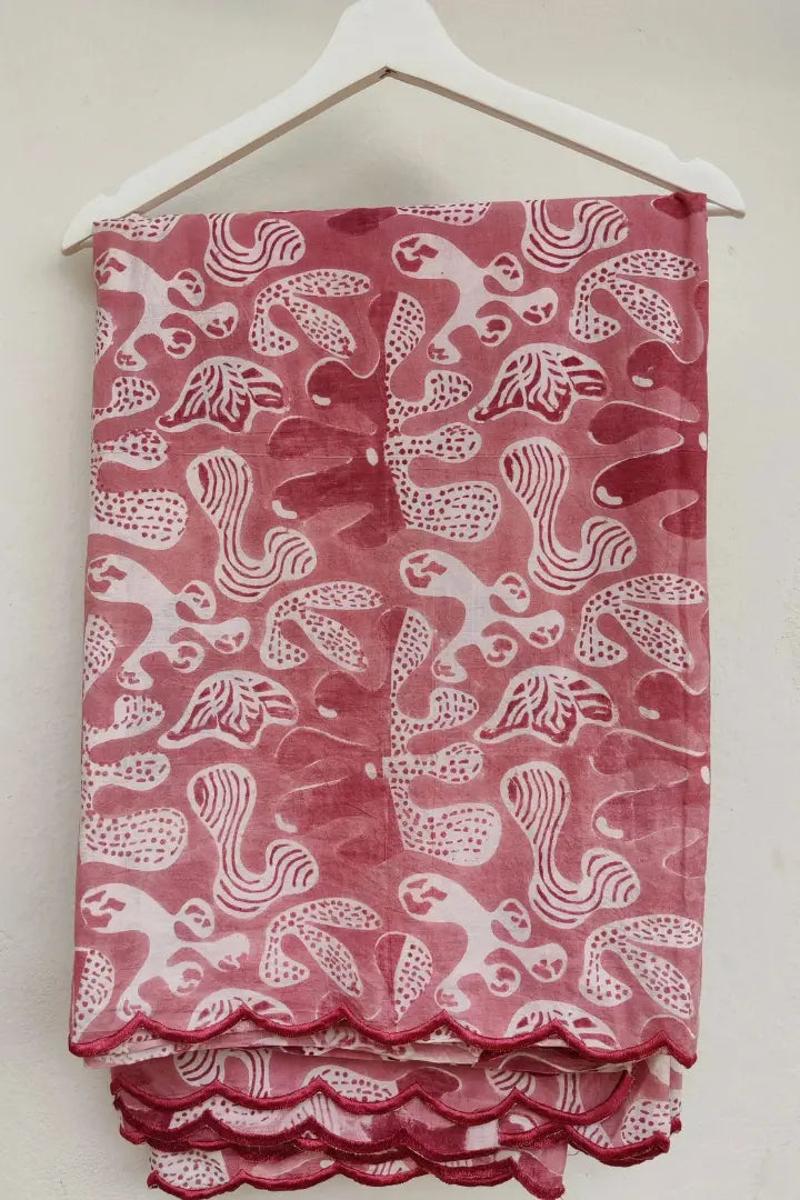 Ilamra kalamkari craft hand block printed organic cotton pink, red and off-white saree