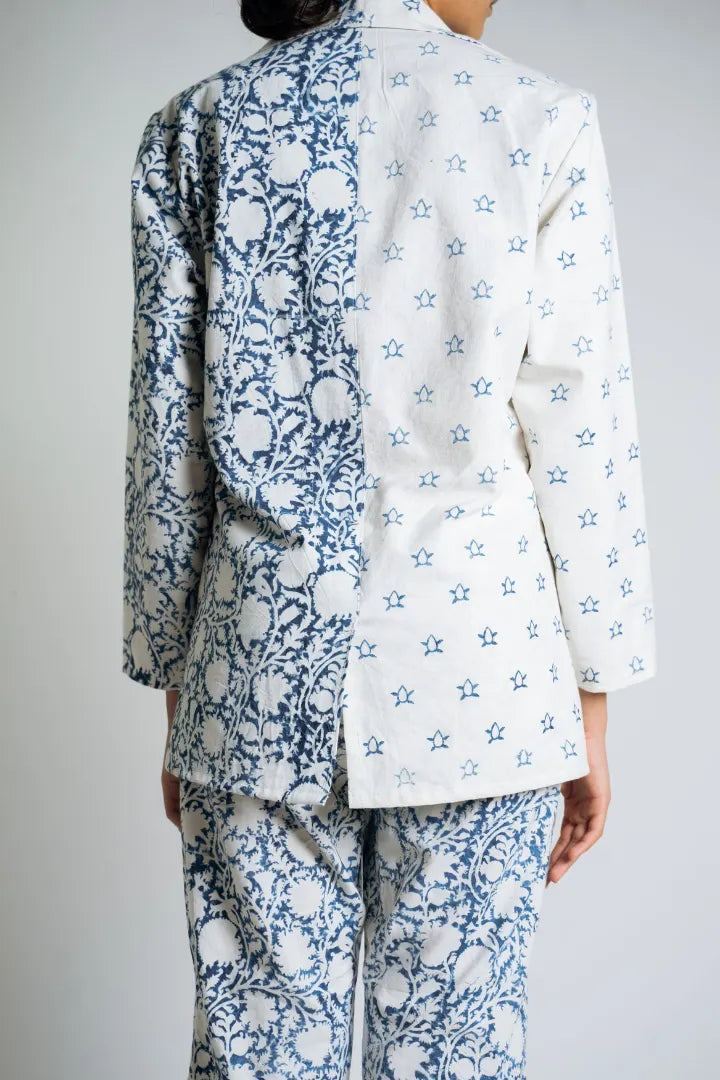 Ilamra hand block printed organic cotton naturally dyed indigo and off-white powerful blazer and pants suit