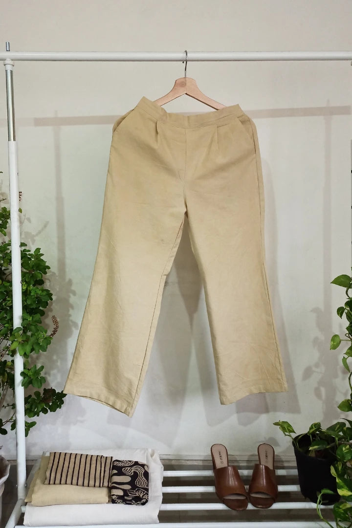 Ilamra kalamkari craft hand block printed organic cotton Beige classy and sassy straight-cut cropped pants
