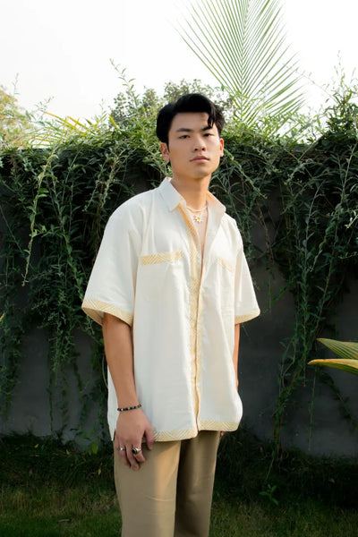 ilamra men's hand block printed naturally dyed organic cotton off-white and yellow shirt