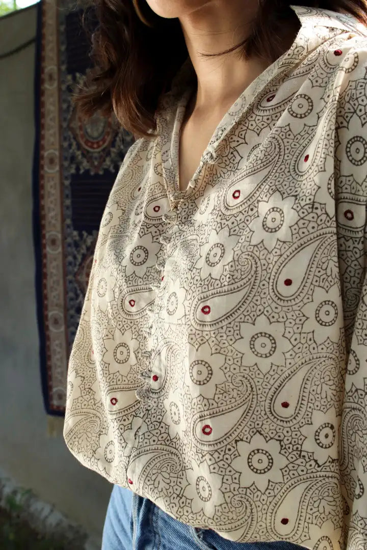 Ilamra hand block printed sustainably made naturally dyed off white and grey top