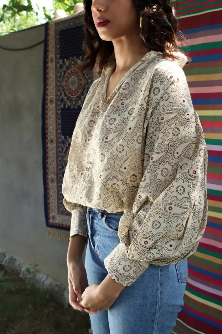 Ilamra hand block printed sustainably made naturally dyed off white and grey top