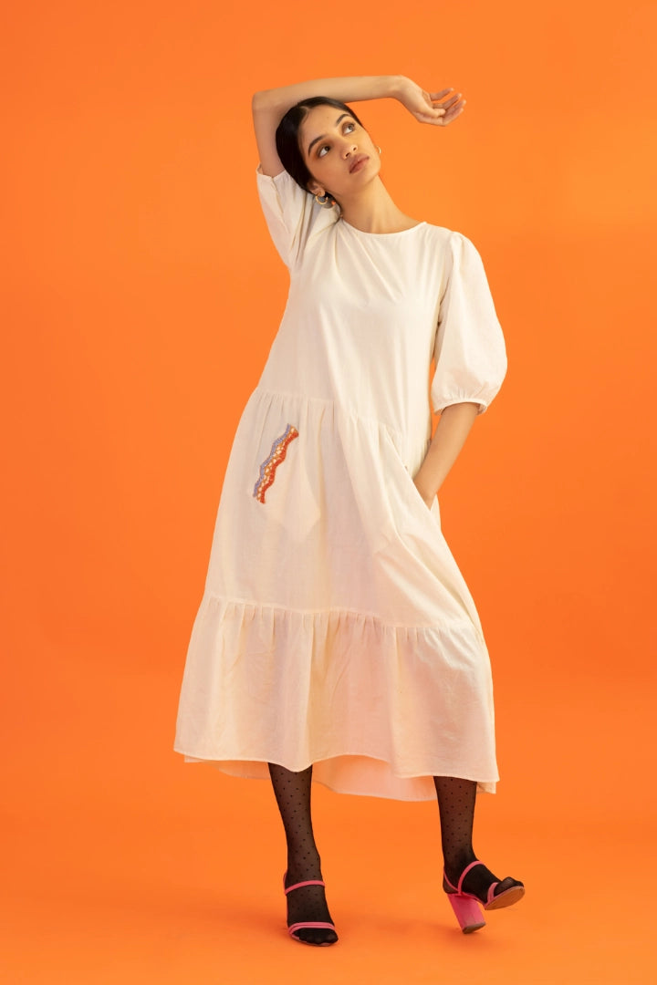 Ilamra kalamkari craft hand block printed organic cotton off-white long dress with pockets