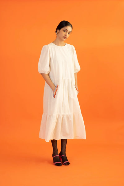 Ilamra kalamkari craft hand block printed organic cotton off-white long dress with pockets