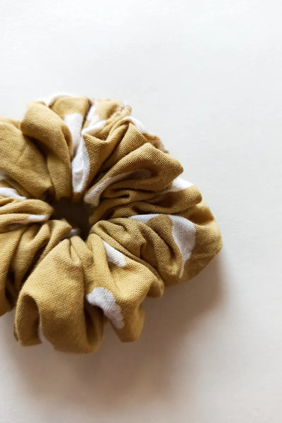 ilamra hand block printed naturally dyed organic cotton Light green and hints of off-white upcycled cotton vibrant scrunchie