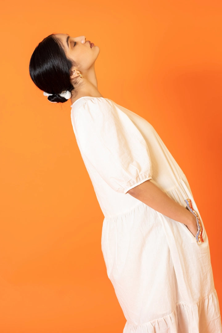 Ilamra kalamkari craft hand block printed organic cotton off-white long dress with pockets