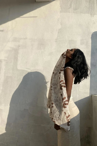Ilamra hand block printed Kalamkari art organic cotton naturally dyed in Off white and brown, chic, upcycled cotton scarf
