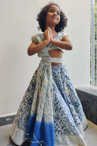 Ilamra kalamkari sustainable clothing organic cotton off-white and indigo hand block printed blouse and lehenga set