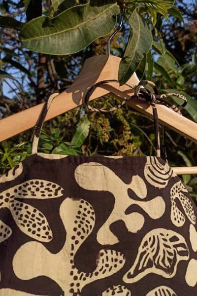 Ilamra sustainable clothing organic cotton beige and black hand block printed halter top