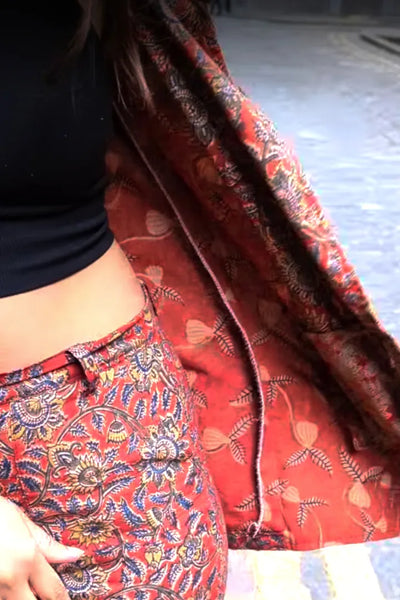 Ilamra hand block printed organic cotton naturally dyed madder red with hints of mustard, dirty green and indigo powerful blazer and pants suit