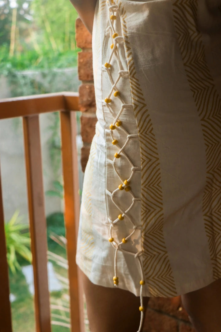 ilamra hand block printed naturally dyed organic cotton off-white and yellow dress