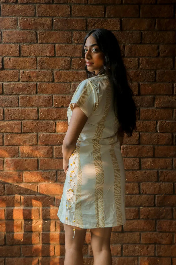 ilamra hand block printed naturally dyed organic cotton off-white and yellow dress