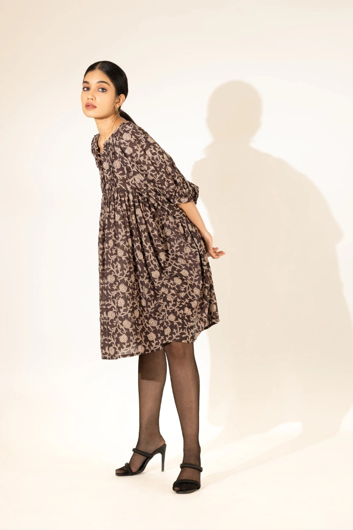 Ilamra sustainable clothing organic cotton hand block printed black and beige chic dress