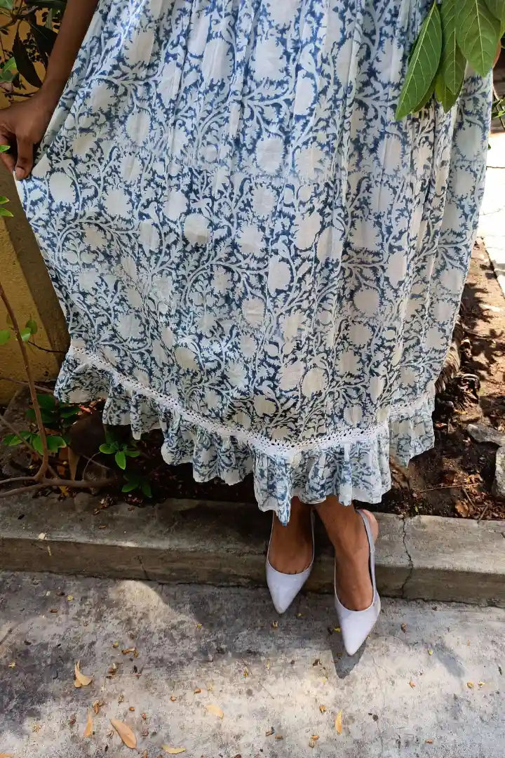 Ilamra sustainable clothing organic cotton Indigo and Off-white hand block printed elegant dress