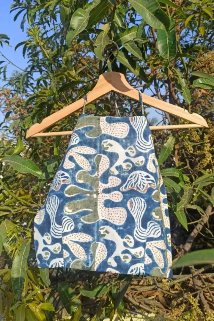 Ilamra sustainable clothing organic cotton Indigo, Off White, Brown and Dirty Green hand block printed halter top