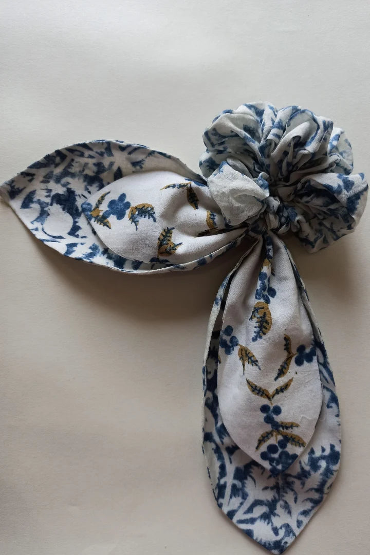ilamra hand block printed naturally dyed organic cotton Off-white, indigo and hints of light green and dirty green upcycled cotton classy scrunchie