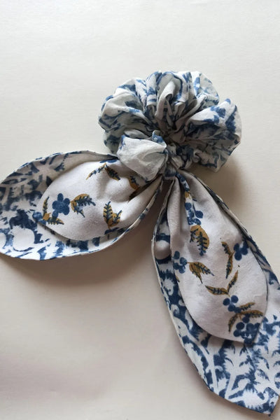 ilamra hand block printed naturally dyed organic cotton Off-white, indigo and hints of light green and dirty green upcycled cotton classy scrunchie