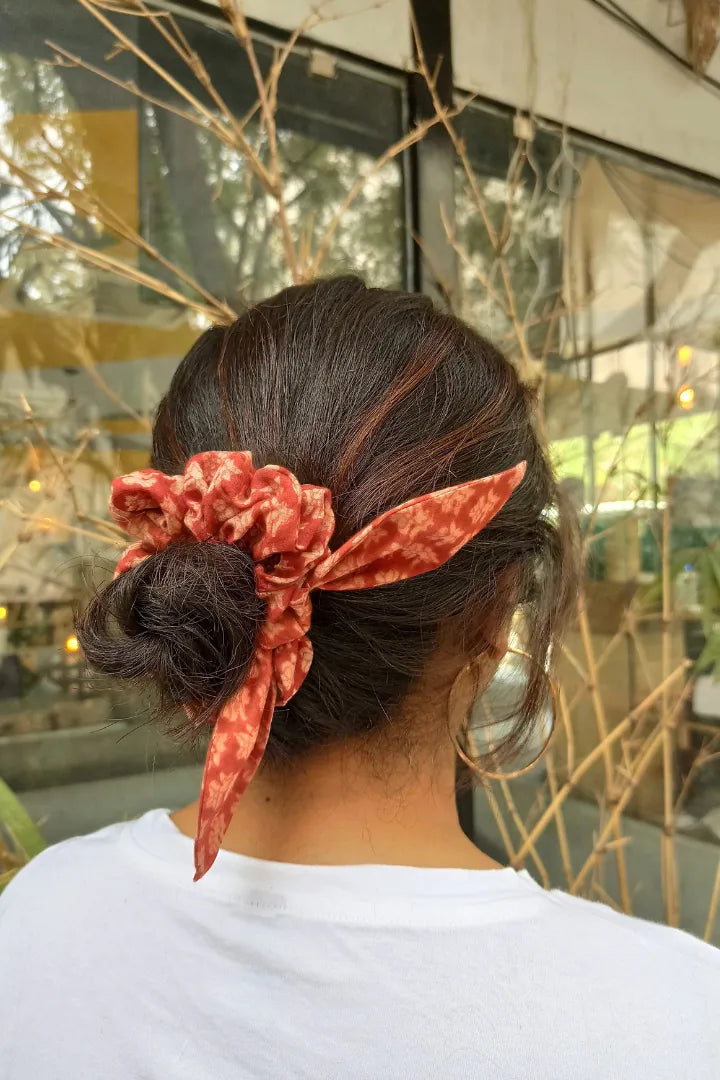 ilamra hand block printed naturally dyed organic cotton Madder red and hints of beige upcycled cotton classy and cool scrunchie