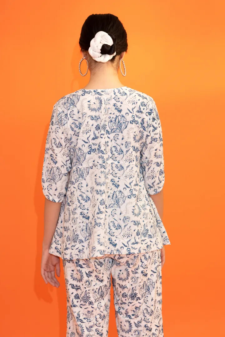 Ilamra hand block printed organic cotton naturally dyed Indigo and off-white plunging v-neck jacket and pants set