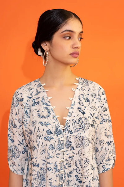 Ilamra hand block printed organic cotton naturally dyed Indigo and off-white plunging v-neck jacket and pants set