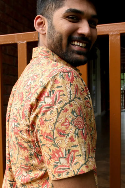 ilamra men's hand block printed naturally dyed organic cotton mustard, yellow, red and green shirt