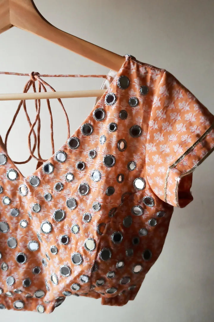 Ilamra sustainable clothing organic cotton off-white and orange hand block printed blouse, dupatta and lehenga set