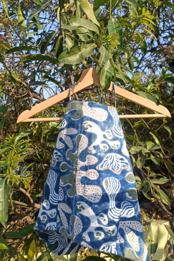 Ilamra sustainable clothing organic cotton Indigo, Off White, Brown and Dirty Green hand block printed halter top