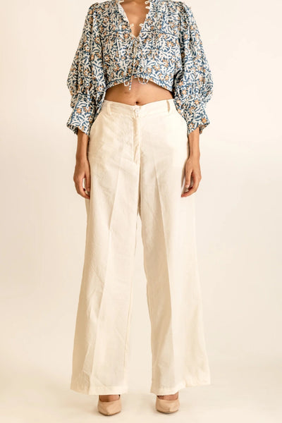 ilamra hand block printed naturally dyed organic cotton Off-white flared pants