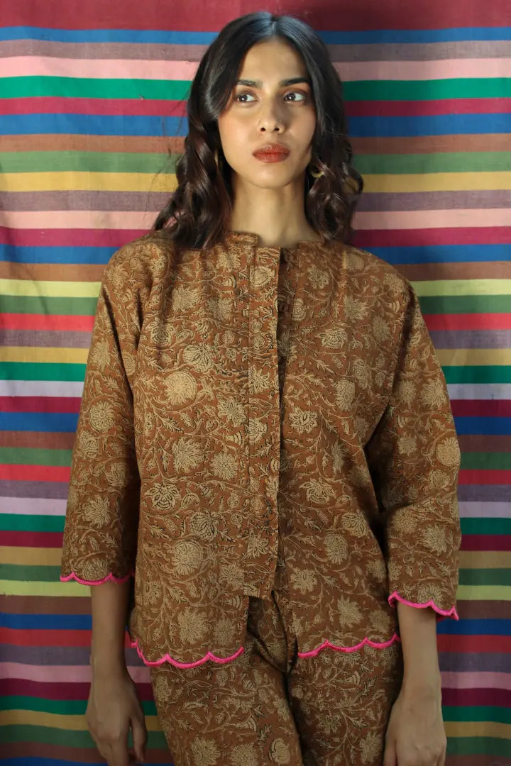 Ilamra hand block printed sustainably made naturally dyed brown and beige shirt and pants set