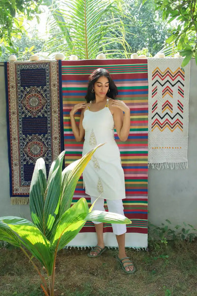 Ilamra hand block printed sustainably made naturally dyed off-white dress with yellow print