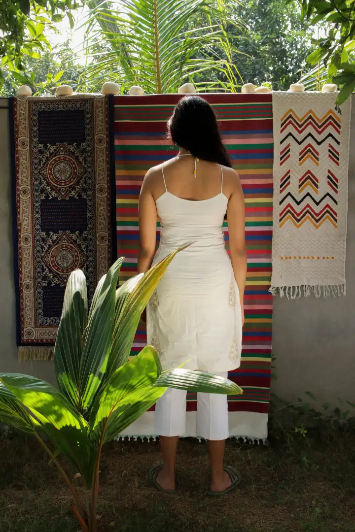 Ilamra hand block printed sustainably made naturally dyed off-white dress with yellow print